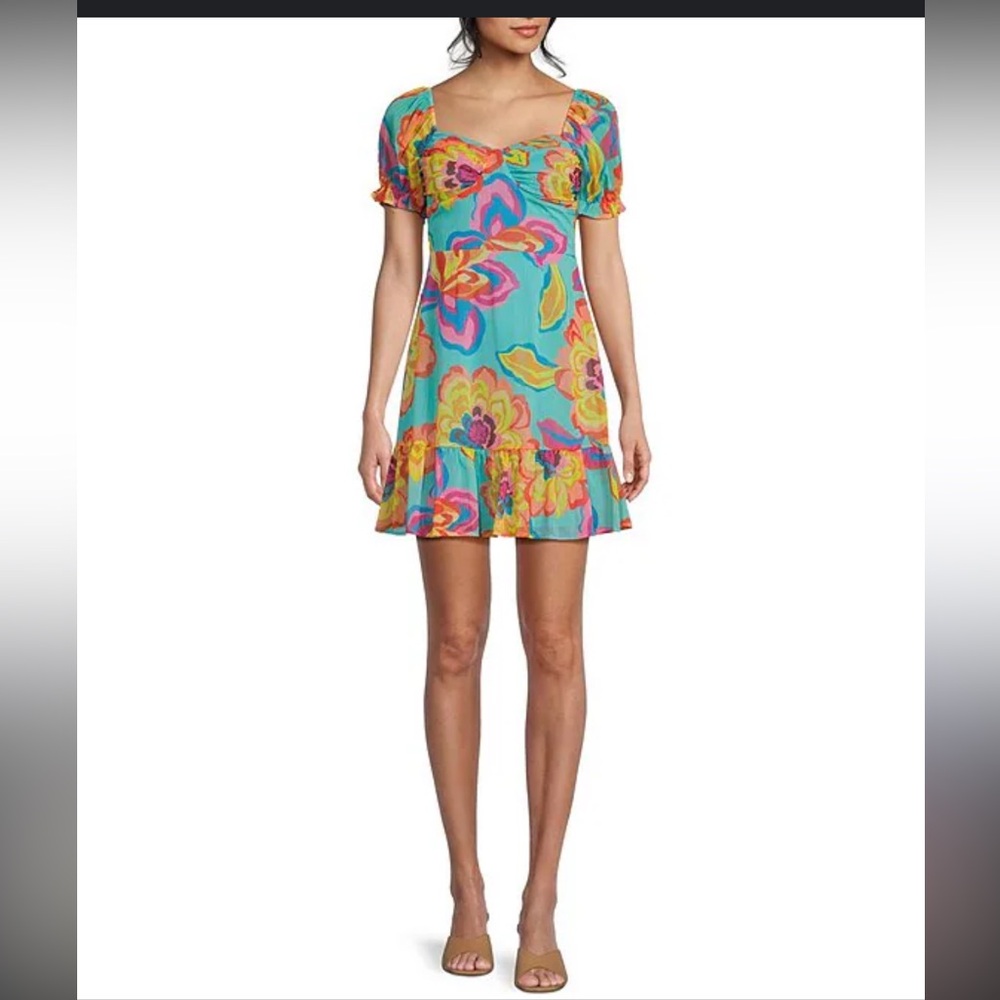 NWT GB Juniors Size Small Aqua, Yellow and Pink Floral Off-Shoulder Tiered Dress